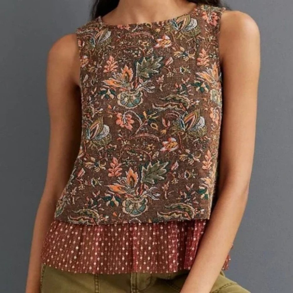 Anthro Eva Franco Sleeveless Metallic Floral Jacquard Tulle Blouse